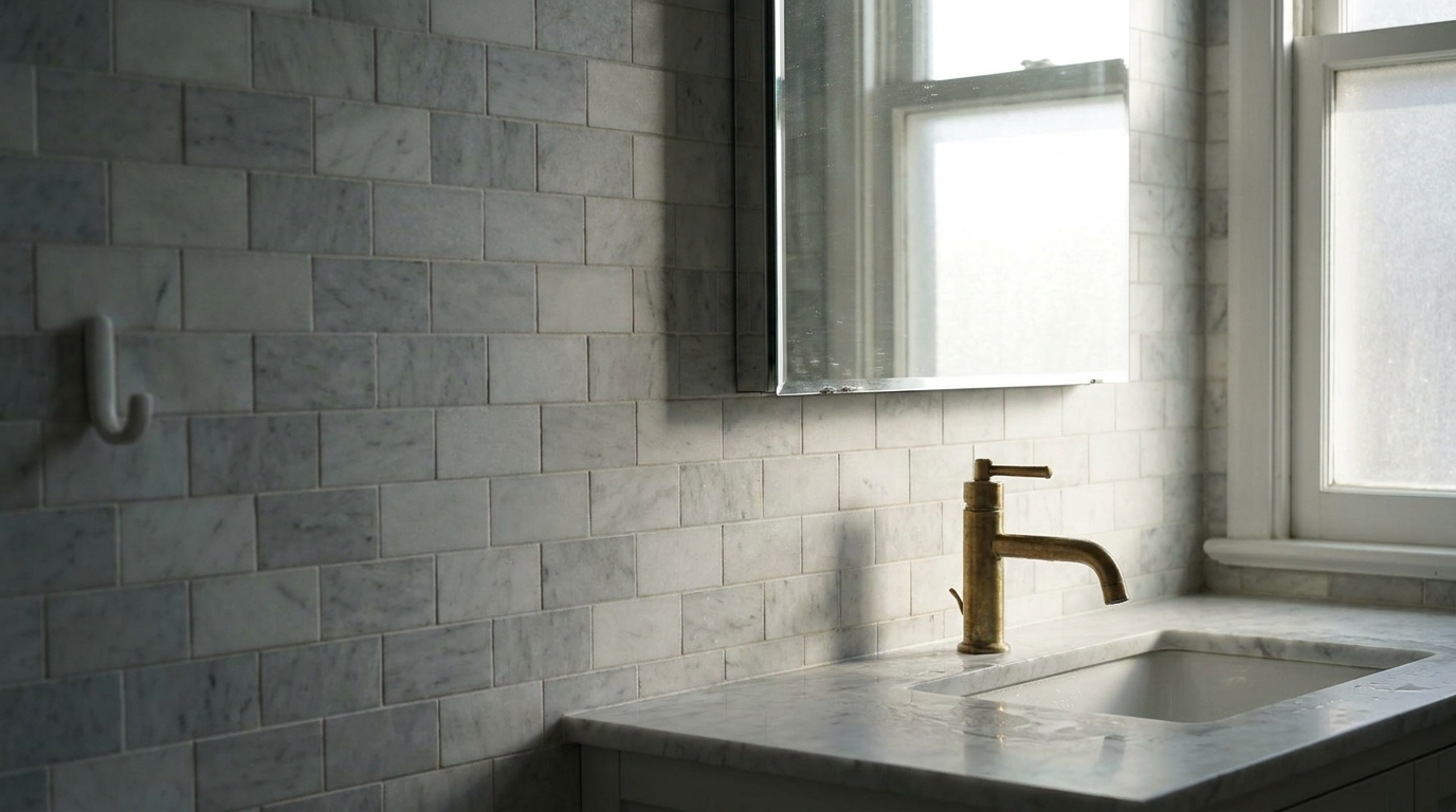 Marble bathroom countertop with brass faucet and mirrored cabinet under natural light