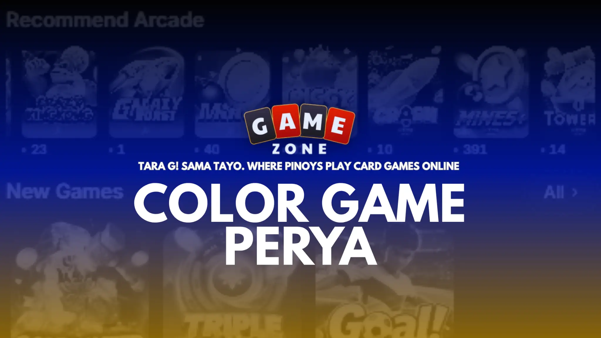 Online gaming interface with various game icons and a colorful banner design
