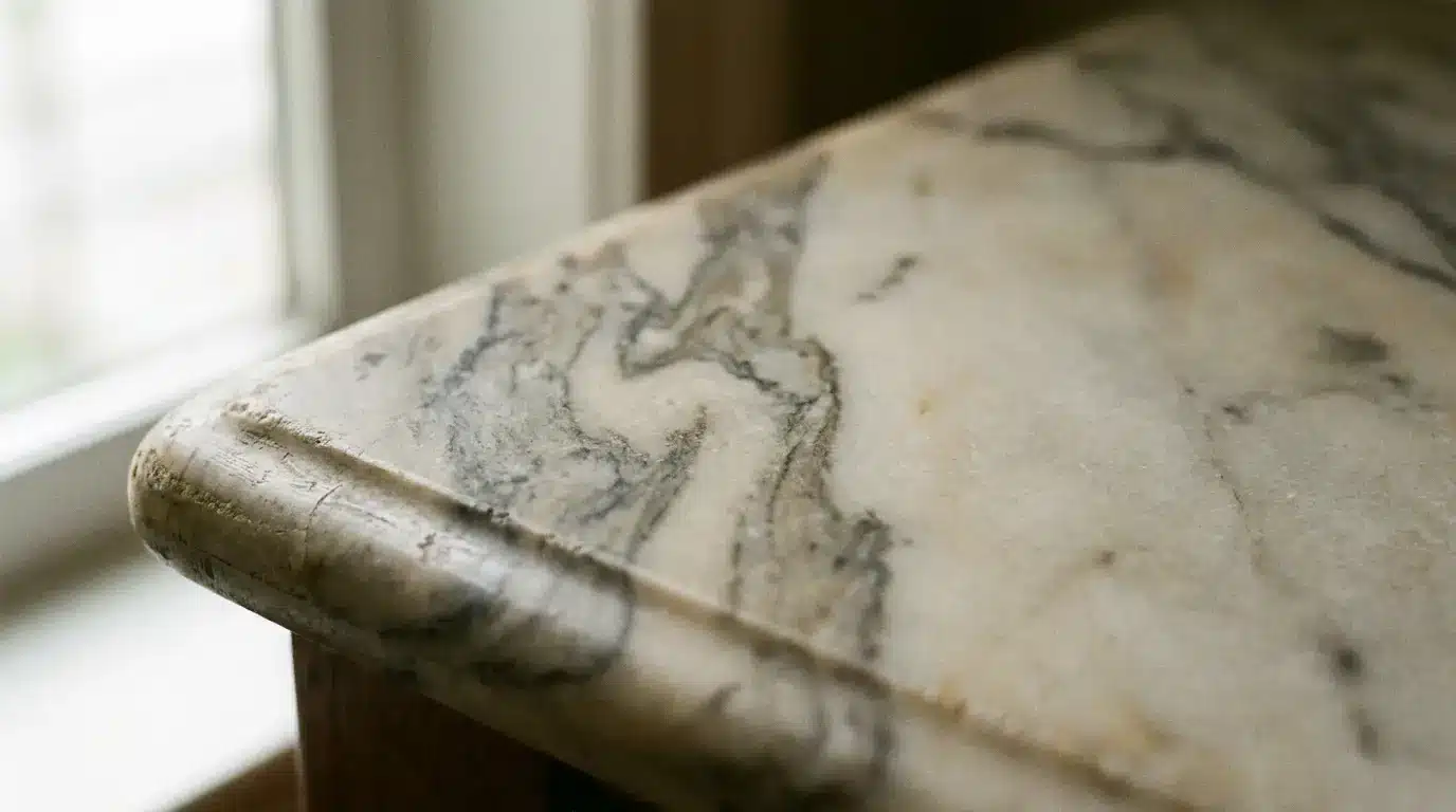 Marble countertop with gray veining in natural daylight near window