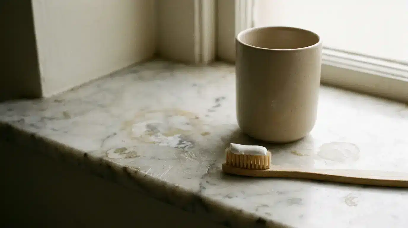 Bamboo toothbrush with toothpaste beside ceramic cup on marble bathroom countertop