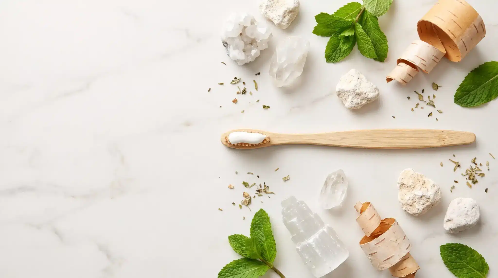 Bamboo toothbrush with toothpaste surrounded by mint leaves and natural stones on marble surface