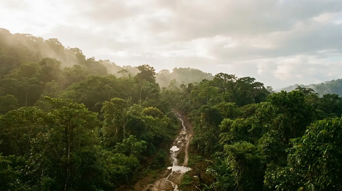 Lush green rainforest with muddy path and misty atmosphere under cloudy sky