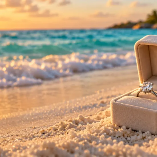 Diamond engagement ring in velvet box on sandy beach at sunset with ocean waves