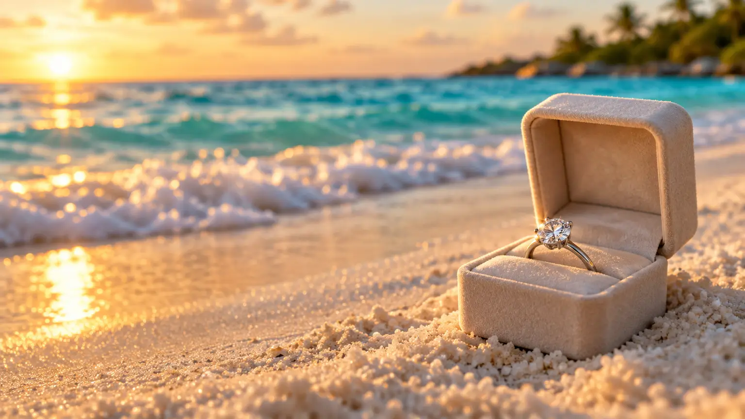 Diamond engagement ring in velvet box on sandy beach at sunset with ocean waves