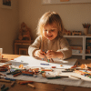 Child joyfully drawing with crayons at wooden table in sunlit room