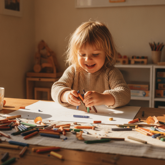 Child joyfully drawing with crayons at wooden table in sunlit room