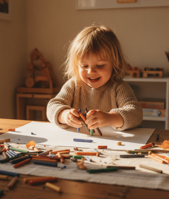 Child joyfully drawing with crayons at wooden table in sunlit room