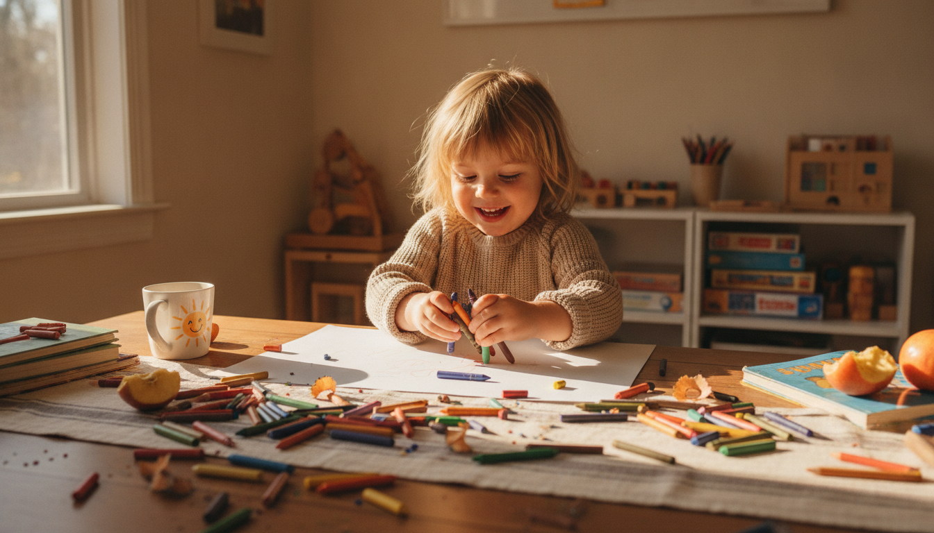 Child joyfully drawing with crayons at wooden table in sunlit room