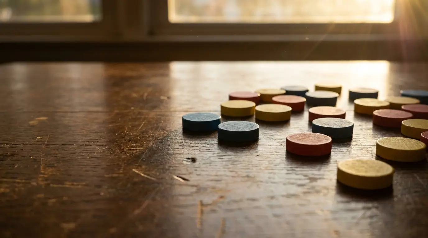 Colored wooden game pieces scattered on a wooden table under warm sunlight
