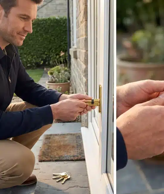 Man installing a gold lock on patio door in sunlit garden setting