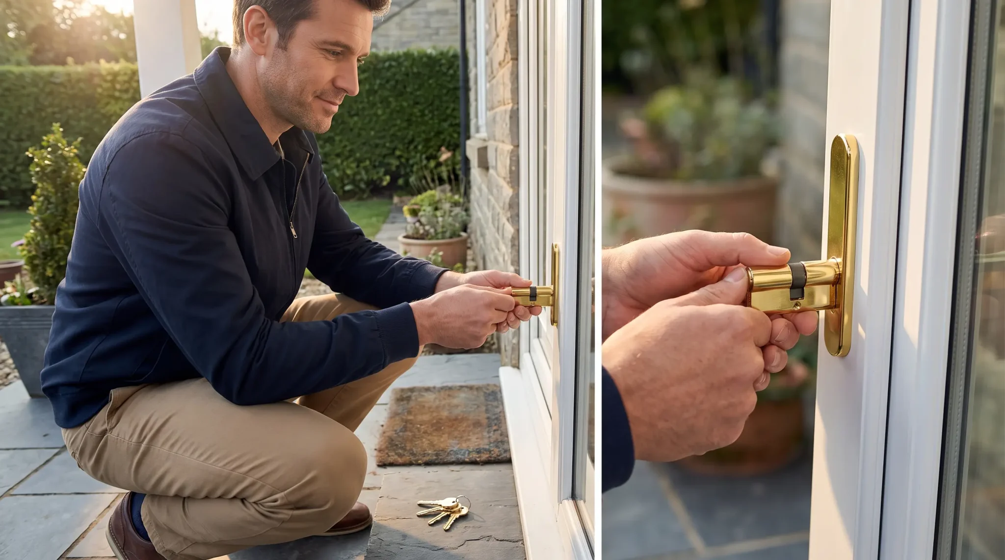 Man installing a gold lock on patio door in sunlit garden setting