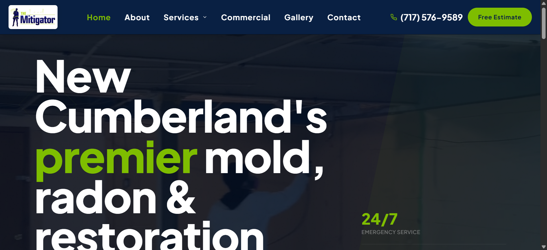 Darkened website header with navigation menu and contact information in blue and green tones