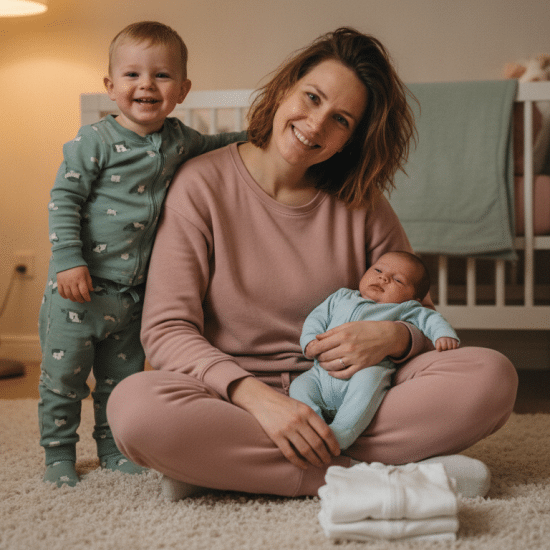 Mother sitting on carpet holding newborn, with toddler smiling beside her in cozy nursery