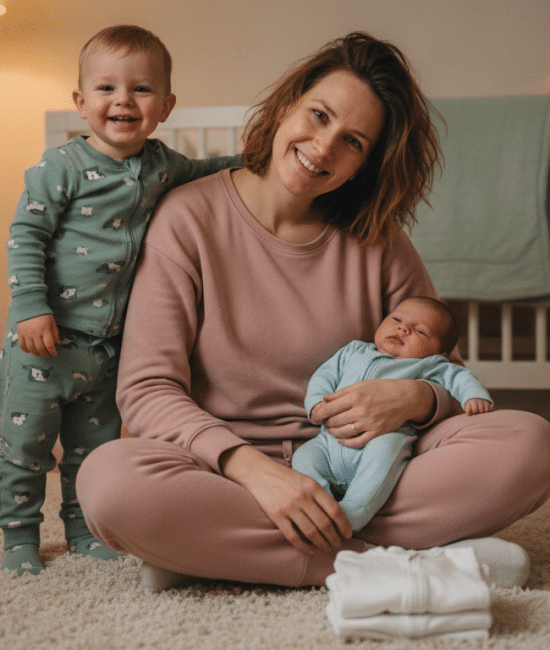 Mother sitting on carpet holding newborn, with toddler smiling beside her in cozy nursery