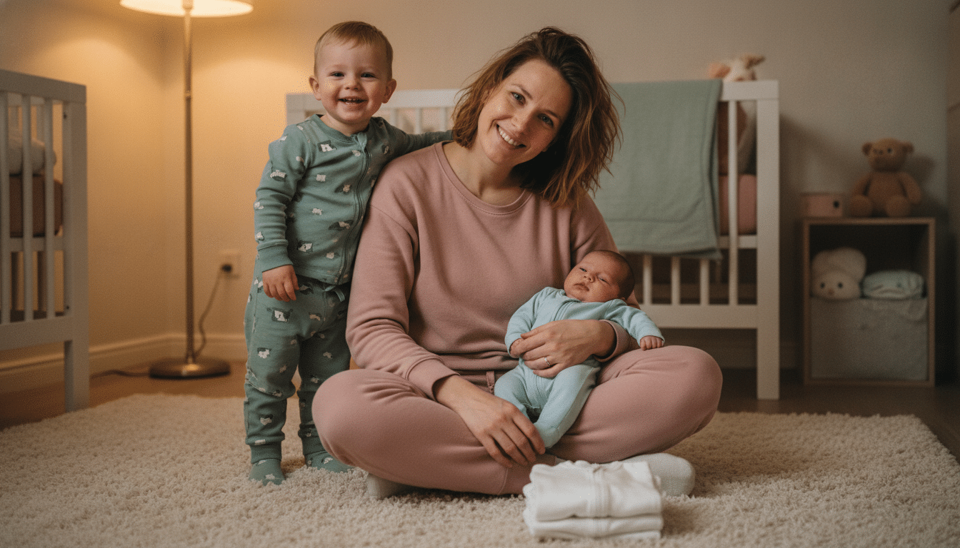 Mother sitting on carpet holding newborn, with toddler smiling beside her in cozy nursery