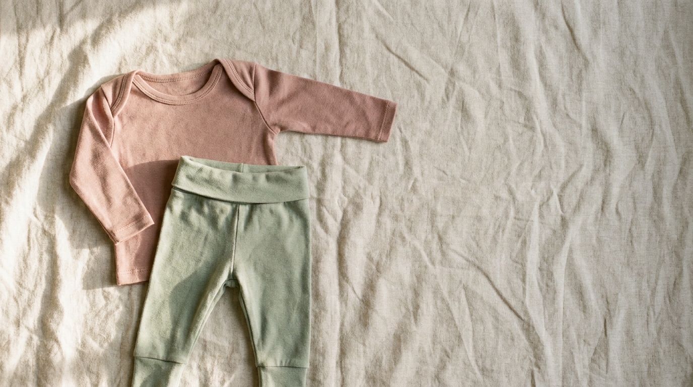 Pink long-sleeve baby shirt with green pants on beige fabric background