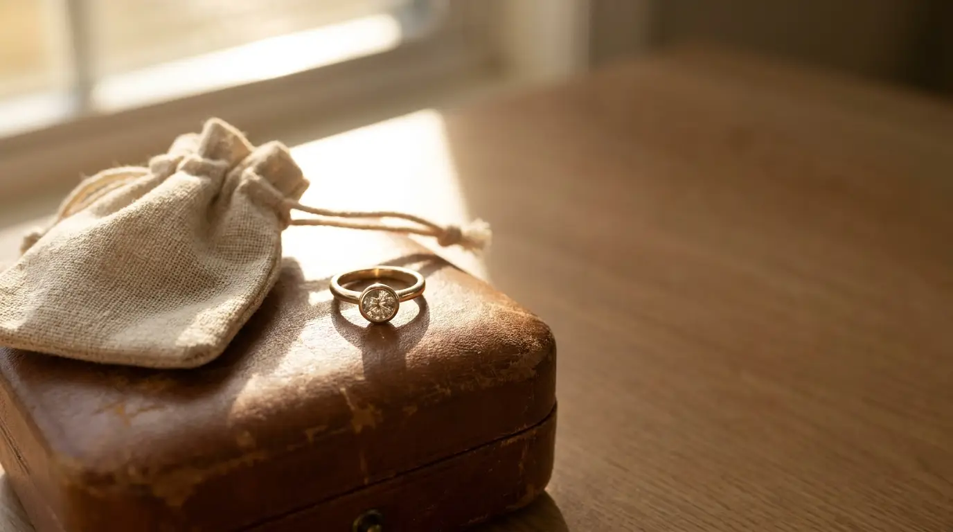 Diamond ring on leather box beside canvas pouch in warm sunlight indoors