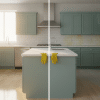 Modern kitchen with mint green cabinets, stainless steel appliances, and sunlight streaming through window