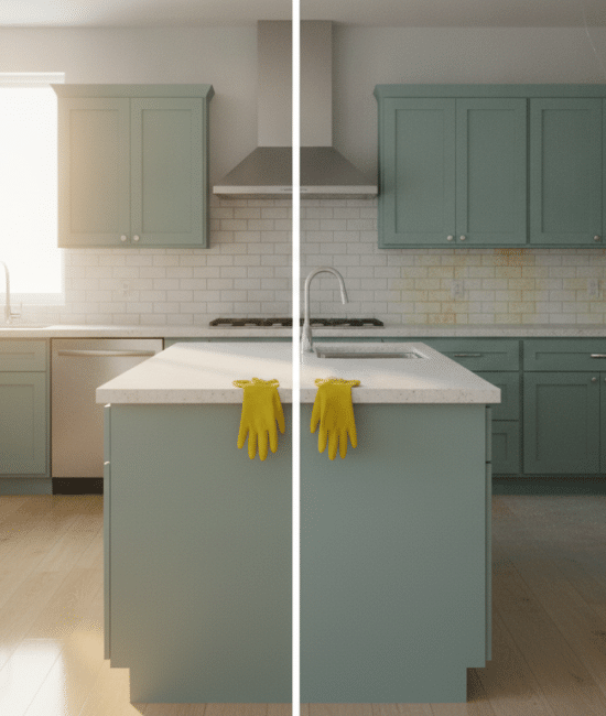 Modern kitchen with mint green cabinets, stainless steel appliances, and sunlight streaming through window