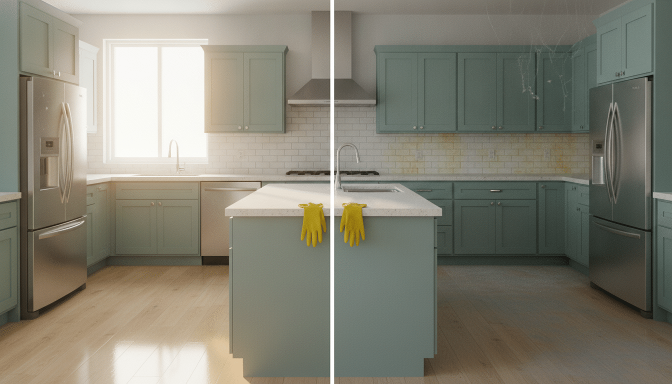 Modern kitchen with mint green cabinets, stainless steel appliances, and sunlight streaming through window
