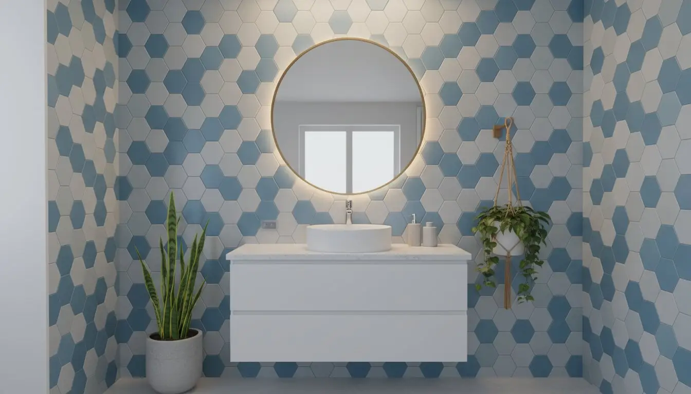 Round mirror with backlighting above modern white basin in bathroom with blue hexagonal tiles