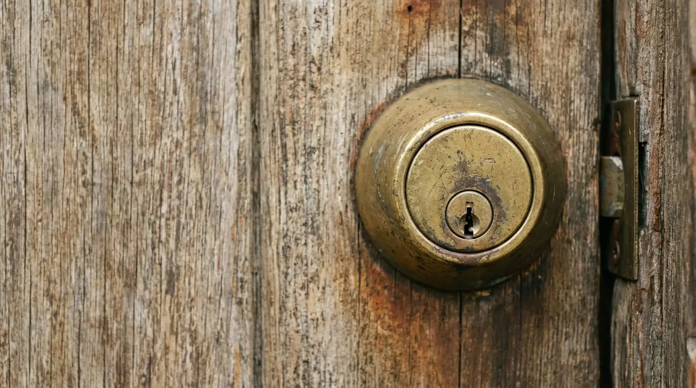 Worn brass doorknob and lock on weathered wooden door panel