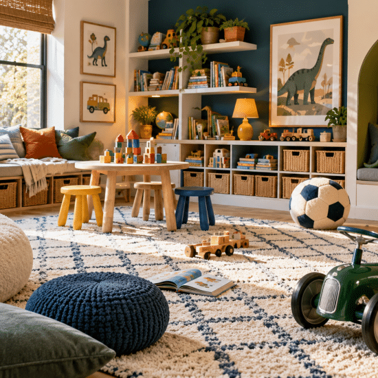Colorful children's playroom with toys, bookshelves, and a climbing wall under warm natural light