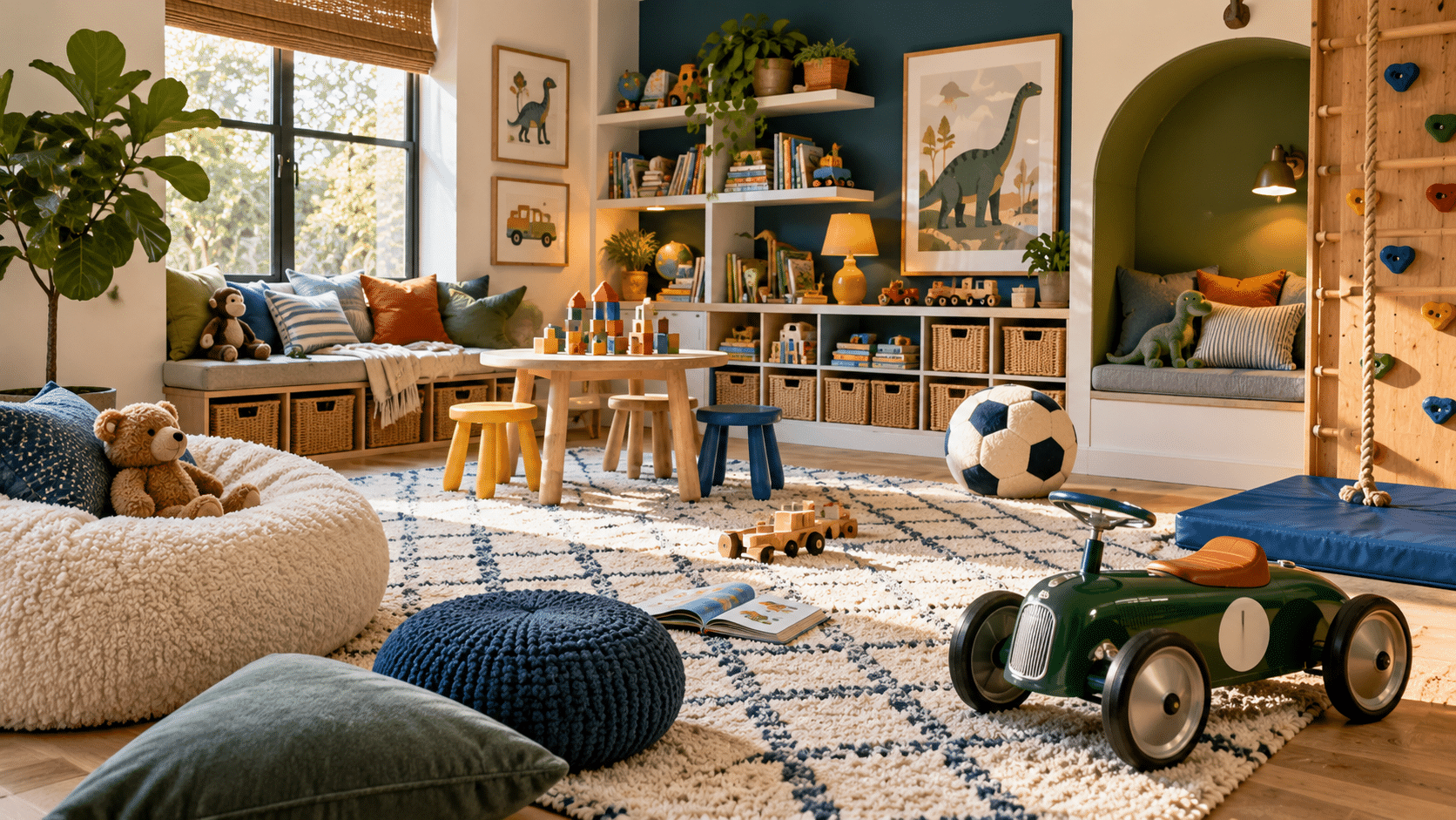 Colorful children's playroom with toys, bookshelves, and a climbing wall under warm natural light