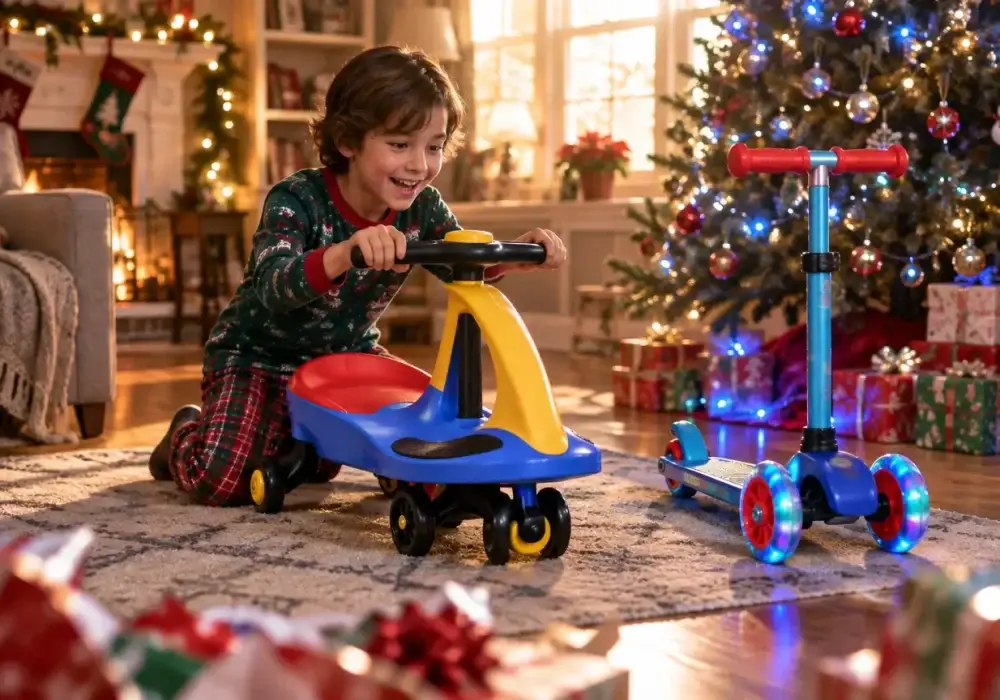 Child playing with toy car in cozy living room decorated for Christmas with lit tree and gifts
