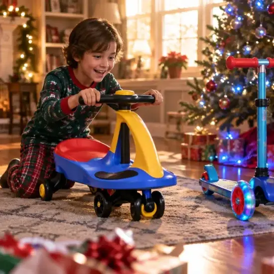 Child playing with toy car in cozy living room decorated for Christmas with lit tree and gifts