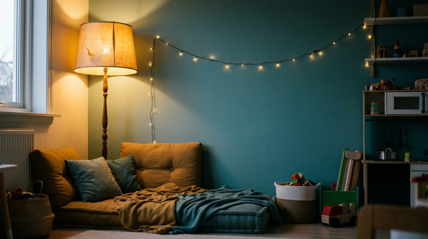 Cozy playroom with cushions, blankets, and string lights against a blue wall