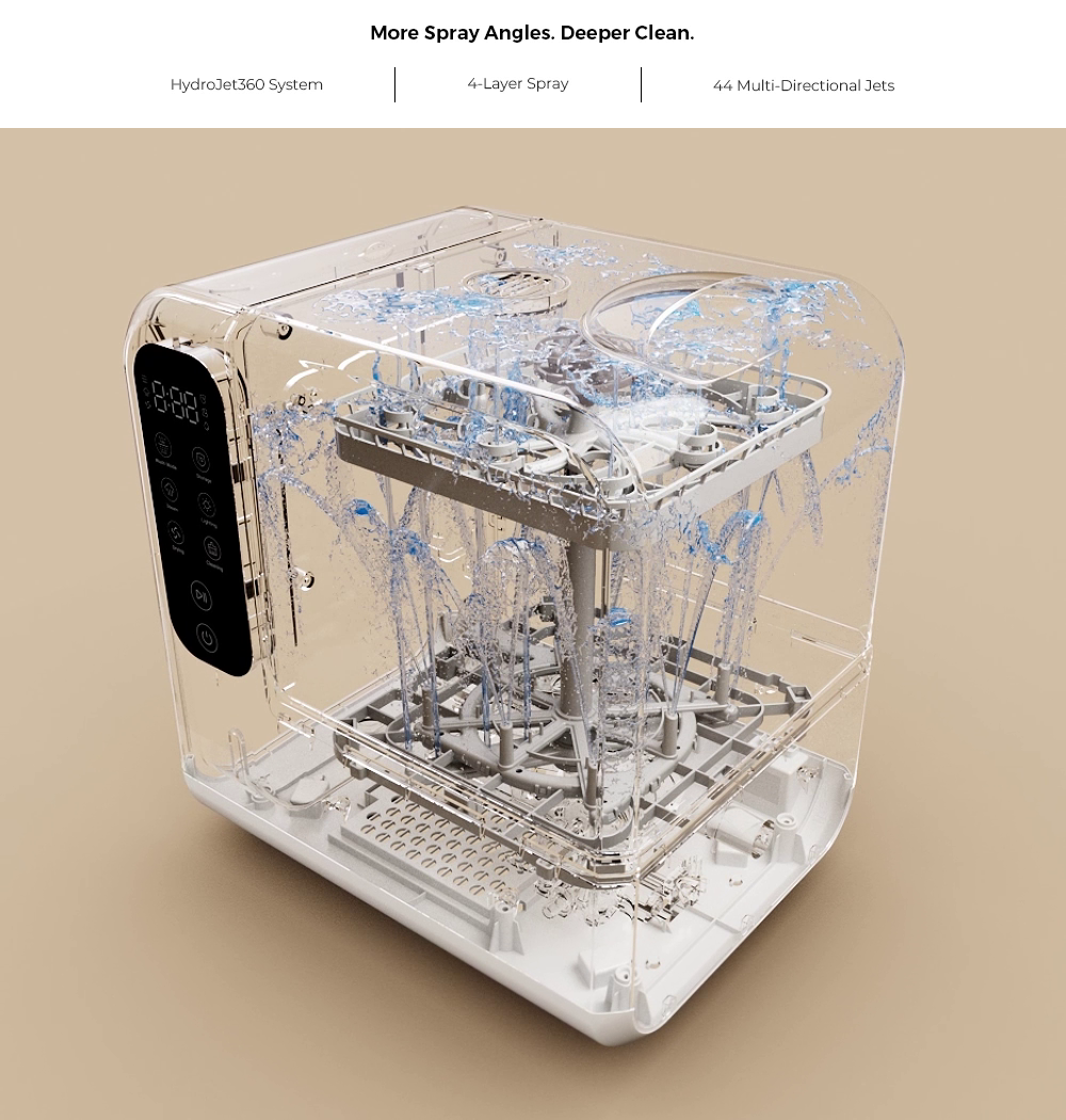 Transparent dishwasher showing multi-directional water jets inside on beige background