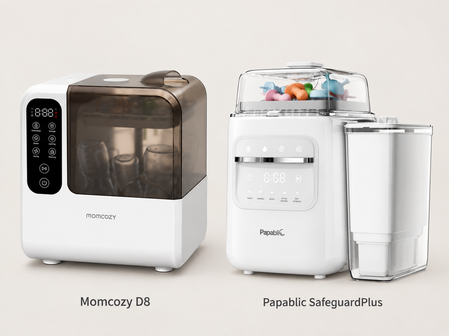 Two white bottle sterilizers with digital displays on a neutral background