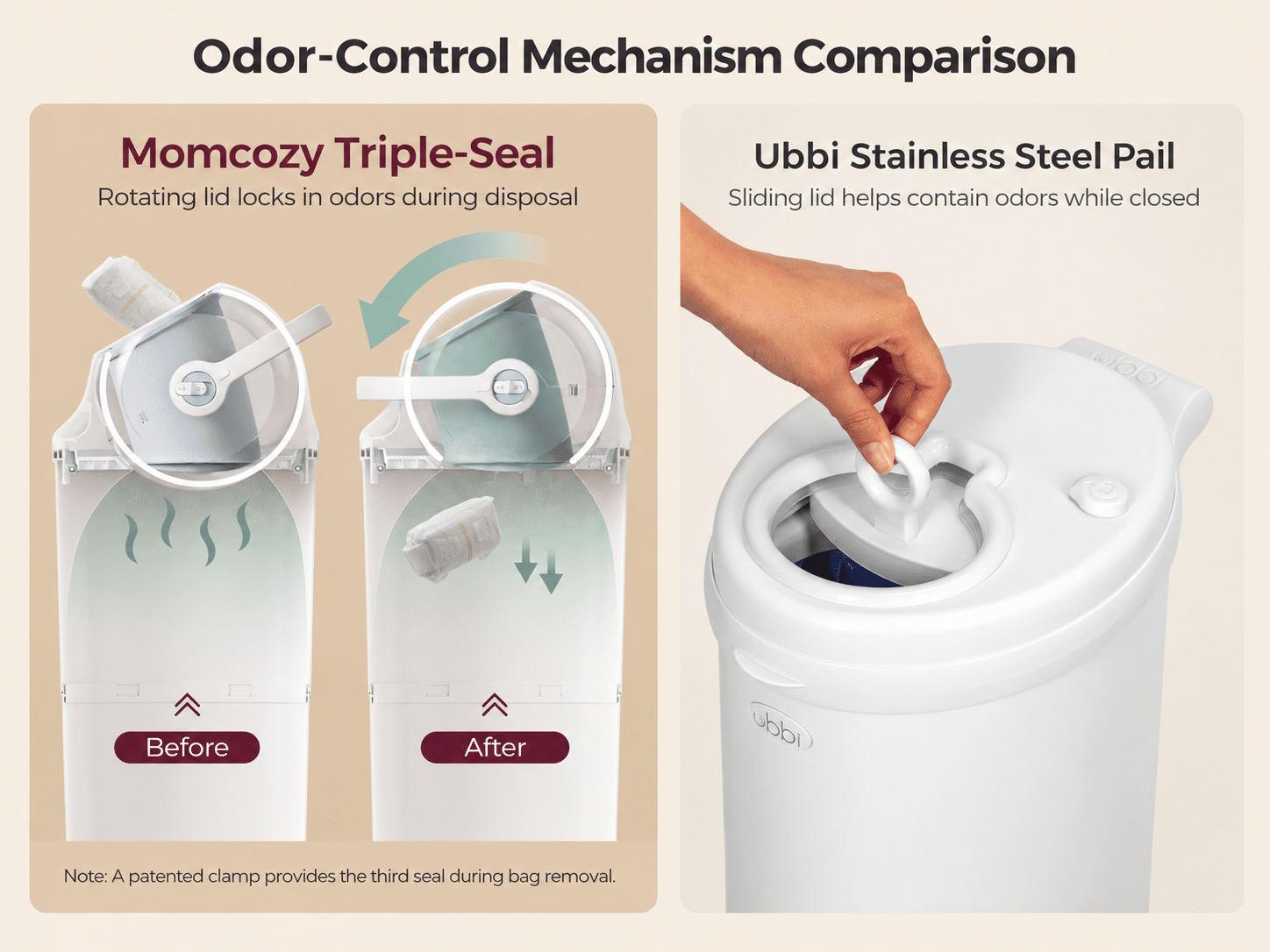 Comparison of two diaper pails highlighting odor-control mechanisms in neutral background