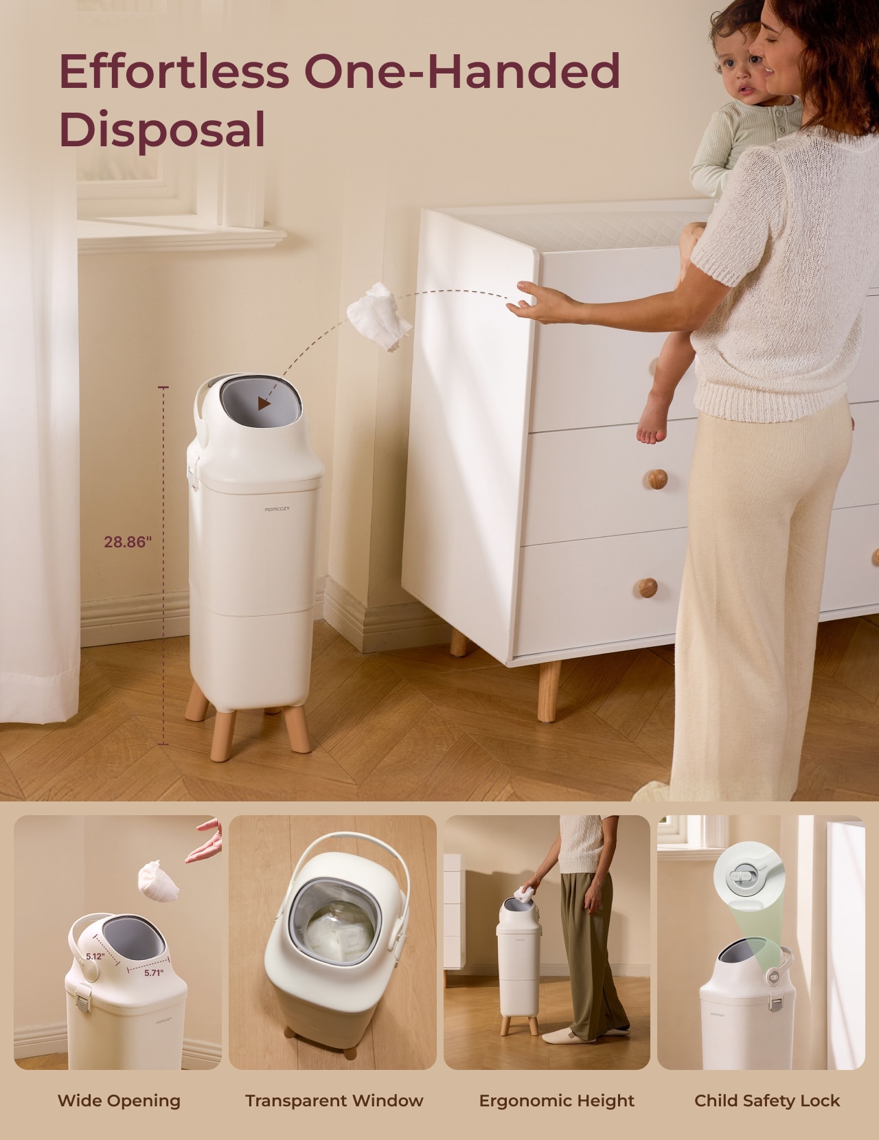 Woman holding baby and throwing diaper into white diaper pail in nursery