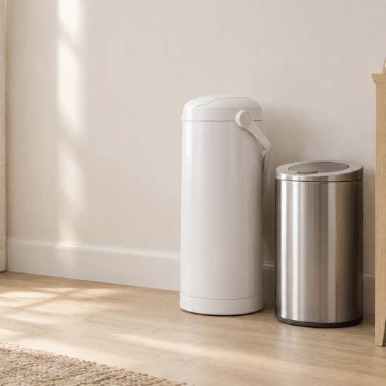 White diaper pail and stainless steel trash can beside wooden dresser in sunlit nursery