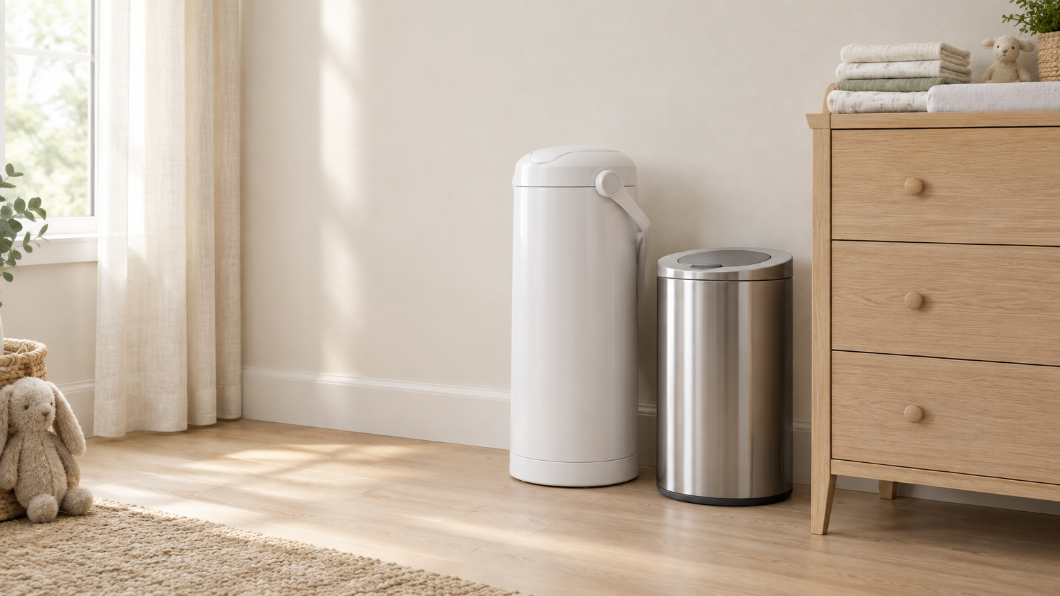 White diaper pail and stainless steel trash can beside wooden dresser in sunlit nursery