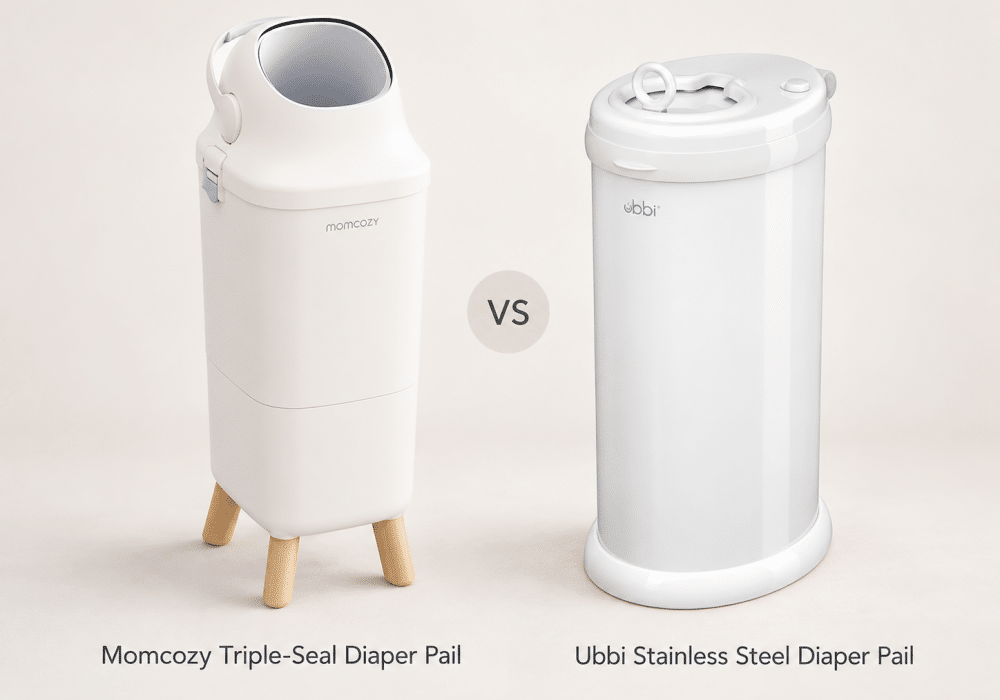 Two diaper pails displayed side by side on a neutral background