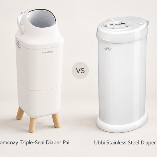 Two diaper pails displayed side by side on a neutral background