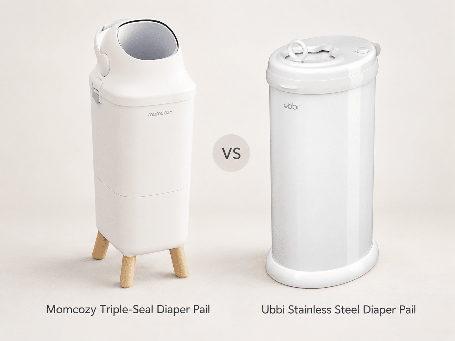 Two diaper pails displayed side by side on a neutral background